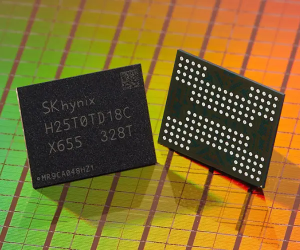 SK Hynix NAND chips with silicon wafer in background